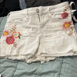 Indigo Rein Red and White Jean Shorts with Floral Embroidery